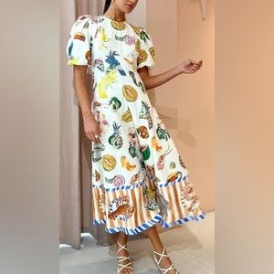 Summer tropical print linen puff sleeve dress